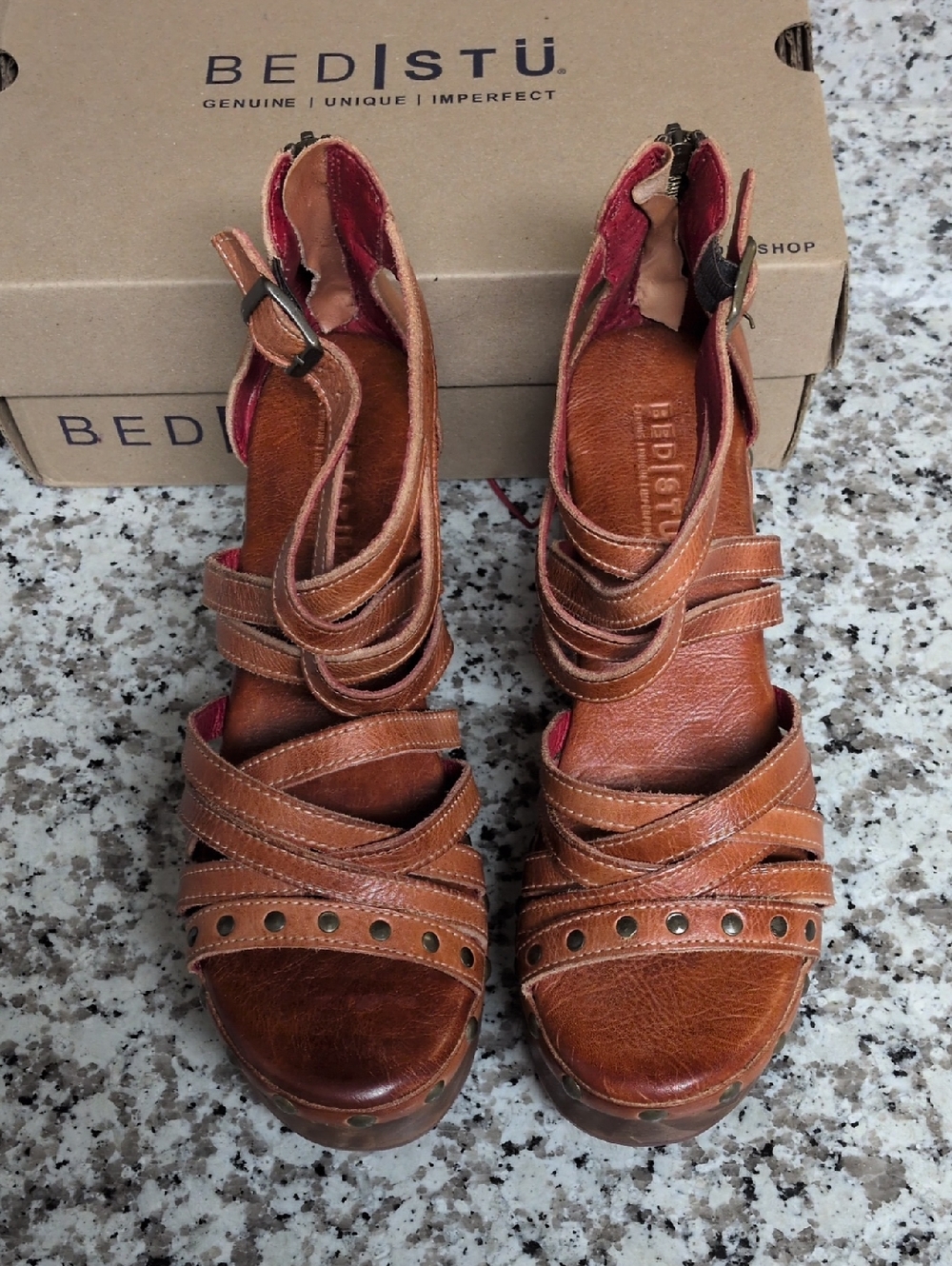 Bed Stu Antonelli Cognac Genuine Leather Sandals Sz 10 Rustic Festival Boho - Picture 5 of 9